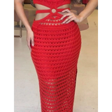 Red crocheted vacation dress for women maxi dress with cutout details and fitted silhouette by Trendsi