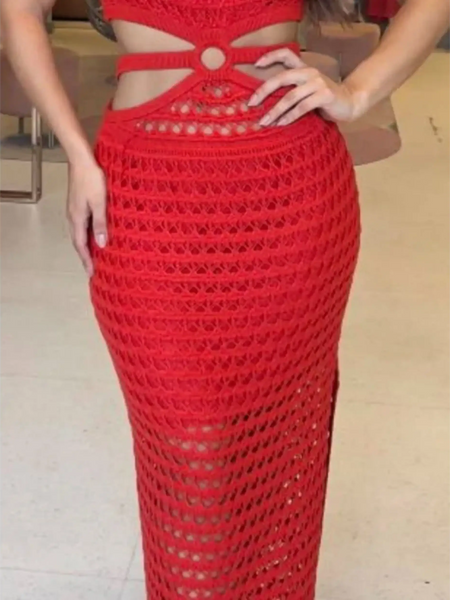 Red crocheted vacation dress for women maxi dress with cutout details and fitted silhouette by Trendsi