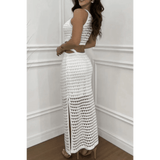 White crocheted vacation dress for women maxi dress by Trendsi, featuring sleeveless design and side slit