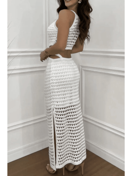 White crocheted vacation dress for women maxi dress by Trendsi, featuring sleeveless design and side slit