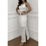 Trendsi white crocheted vacation dress for women maxi dress with side slit and cutout details