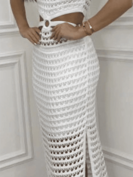 White crocheted vacation dress for women maxi dress with side slit by Trendsi