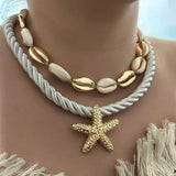 Trendsi cruise wear beaded rope necklace with gold starfish pendant and shell accents