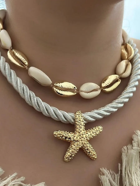 Trendsi cruise wear beaded rope necklace with gold starfish pendant and shell accents