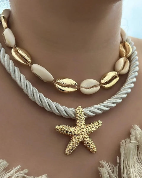 Trendsi cruise wear beaded rope necklace with gold starfish pendant and shell accents