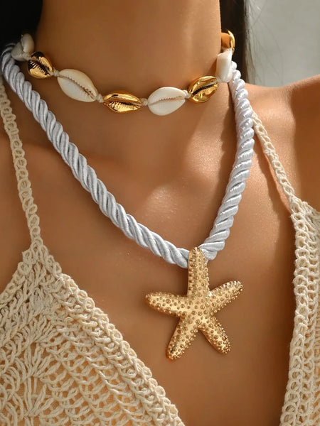 Trendsi cruise wear beaded rope necklace with gold starfish pendant and seashell choker on model