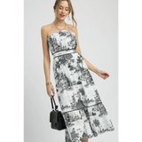 Trendsi Cruise Wear Midi Dress strapless black and white scenic print with fitted waist and tiered skirt