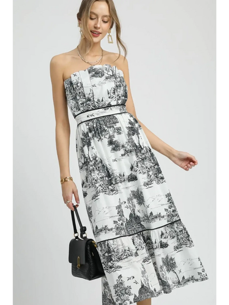 Trendsi Cruise Wear Midi Dress strapless black and white scenic print with fitted waist and tiered skirt