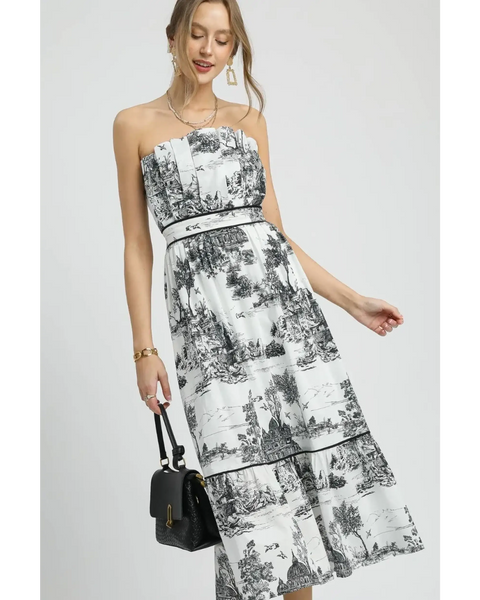 Trendsi Cruise Wear Midi Dress strapless black and white scenic print with fitted waist and tiered skirt