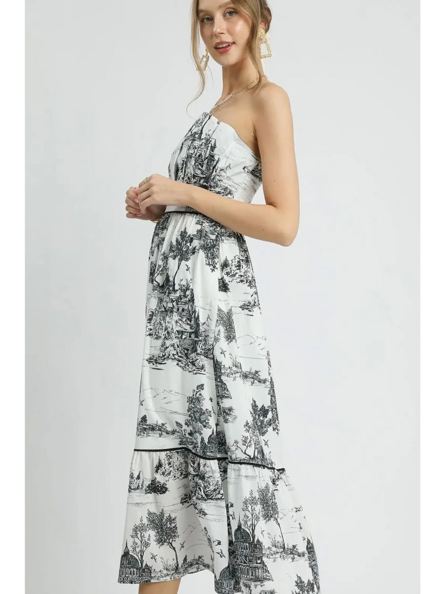 Trendsi Cruise Wear Midi Dress with black and white scenic print sleeveless design