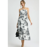 Trendsi Cruise Wear Midi Dress strapless black and white print with tiered skirt and waist tie