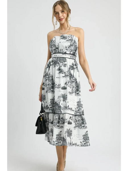 Trendsi Cruise Wear Midi Dress strapless black and white print with tiered skirt and waist tie