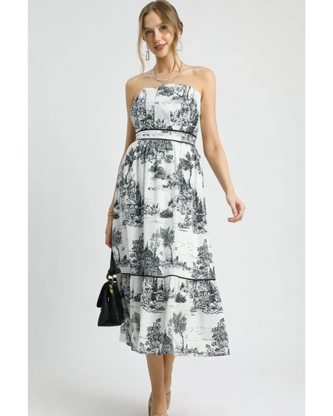 Trendsi Cruise Wear Midi Dress strapless black and white print with tiered skirt and waist tie