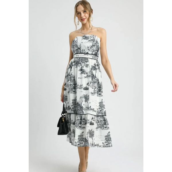 Trendsi Cruise Wear Midi Dress strapless black and white print with tiered skirt and waist tie