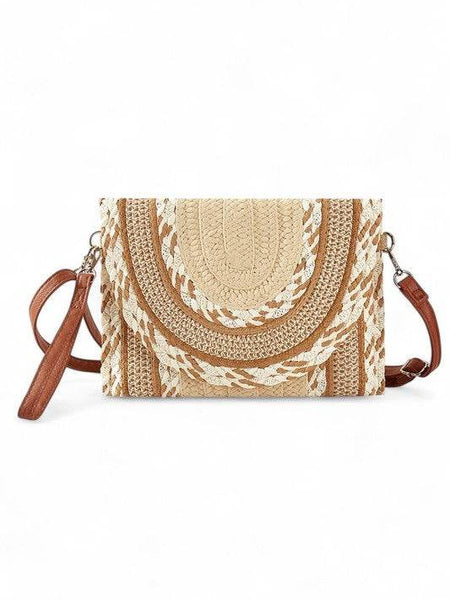Babe Beachwear cruise wear must have straw clutch with woven design and brown leather strap