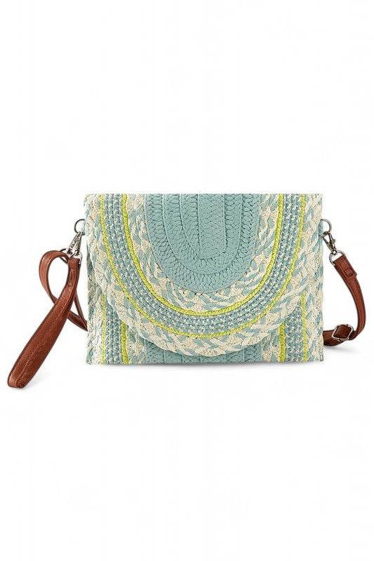 Babe Beachwear cruise wear must have straw clutch with blue and beige woven design and brown strap