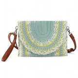 Babe Beachwear cruise wear must have straw clutch with blue and beige woven design and brown strap