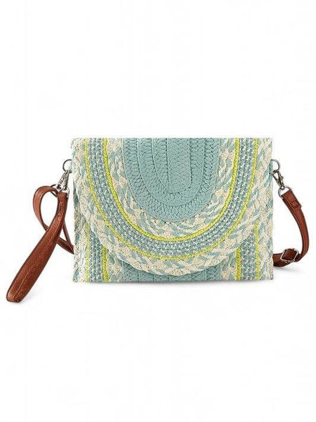Babe Beachwear cruise wear must have straw clutch with blue and beige woven design and brown strap