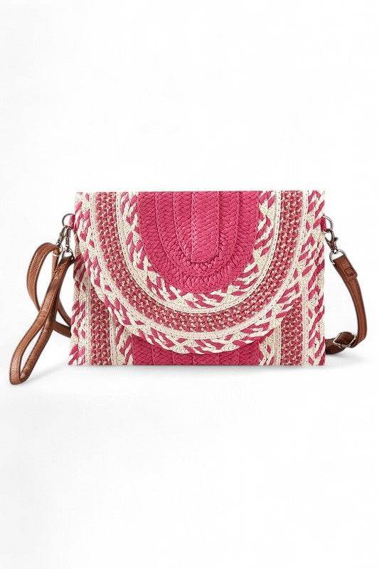 Babe Beachwear pink and white woven bag with brown strap cruise wear must have straw clutch