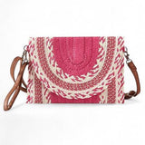 Babe Beachwear pink and white woven bag with brown strap cruise wear must have straw clutch