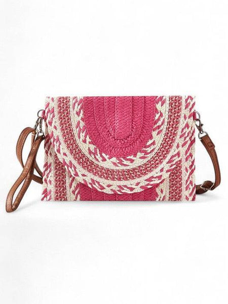 Babe Beachwear pink and white woven bag with brown strap cruise wear must have straw clutch