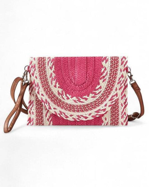Babe Beachwear pink and white woven bag with brown strap cruise wear must have straw clutch