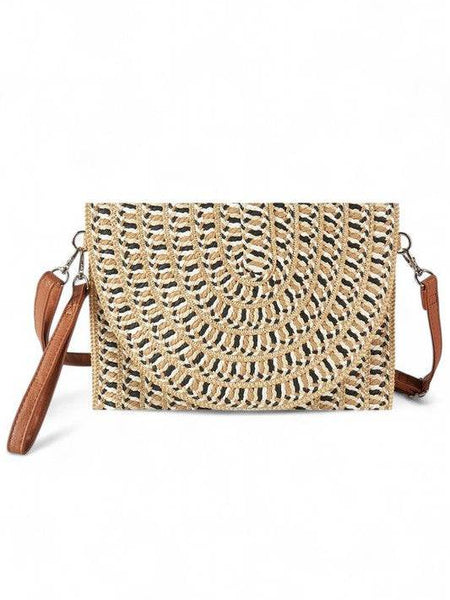 Babe Beachwaer Cruise Wear Small Cutch or Crossbody bag with woven natural texture and brown strap