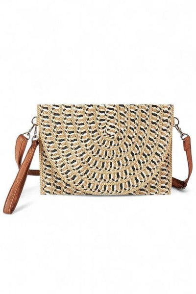 Babe Beachwaer Cruise Wear Small Cutch or Crossbody bag with woven natural texture and brown strap
