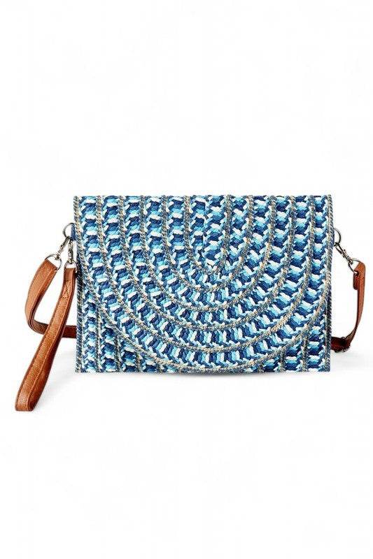 Babe Beachwaer Cruise Wear Small Cutch or Crossbody bag with blue woven pattern and brown strap