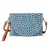Babe Beachwaer Cruise Wear Small Cutch or Crossbody bag with blue woven pattern and brown strap