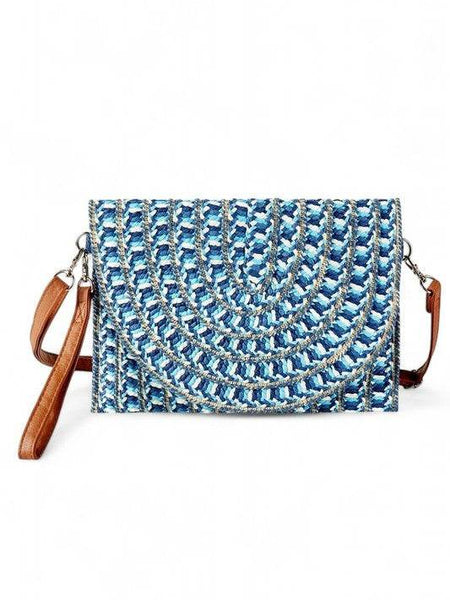 Babe Beachwaer Cruise Wear Small Cutch or Crossbody bag with blue woven pattern and brown strap