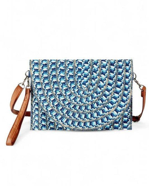 Babe Beachwaer Cruise Wear Small Cutch or Crossbody bag with blue woven pattern and brown strap