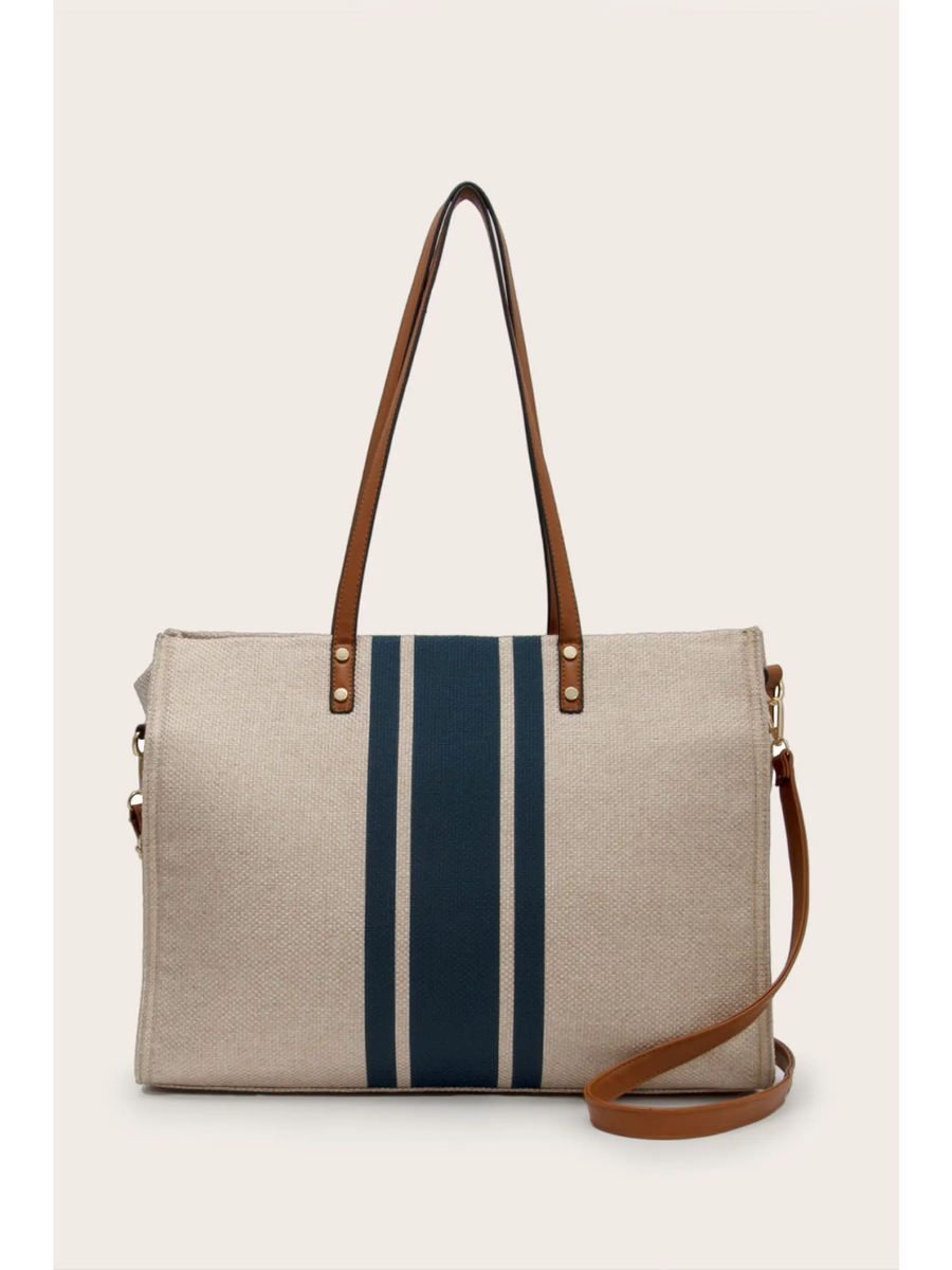 Cruise Wear Striped Tote Bag with beige fabric and vertical navy blue stripes with brown leather straps