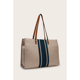 Cruise Wear Striped Tote Bag with beige fabric and blue vertical stripes with brown handles