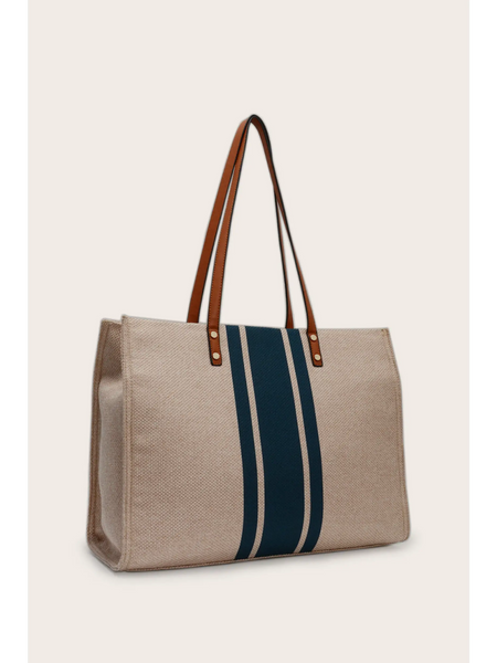 Cruise Wear Striped Tote Bag with beige fabric and blue vertical stripes with brown handles
