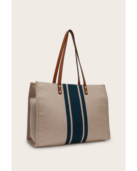 Cruise Wear Striped Tote Bag with beige fabric and blue vertical stripes with brown handles