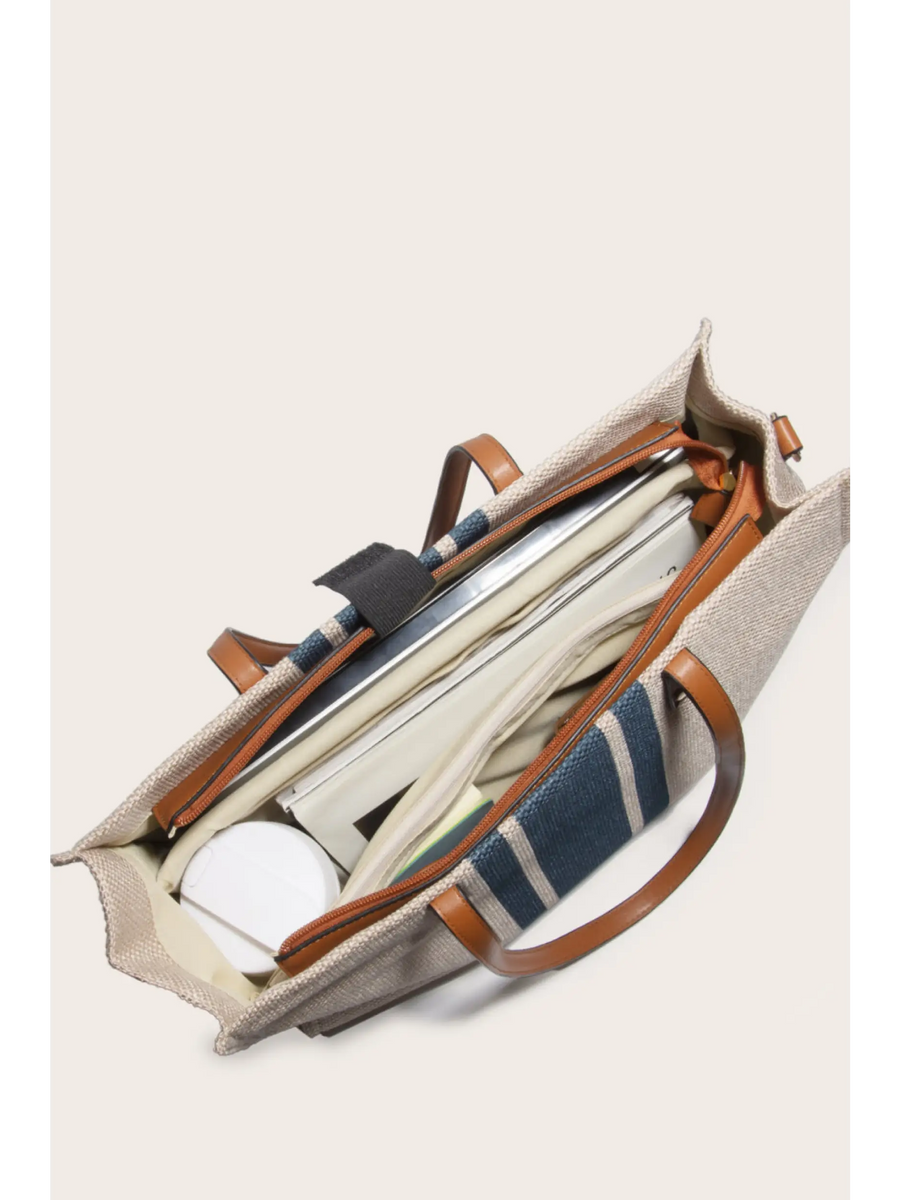 Top view of Trendsi Cruise Wear Striped Tote Bag showing spacious interior with various items inside