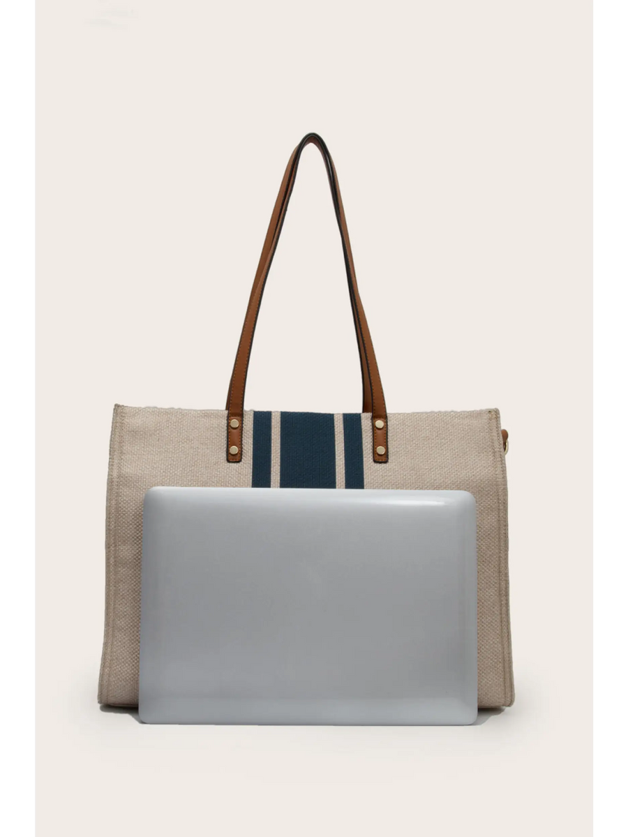 Cruise Wear Striped Tote Bag with navy blue stripes and brown leather handles