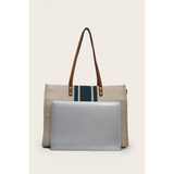 Cruise Wear Striped Tote Bag with navy blue stripes and brown leather handles