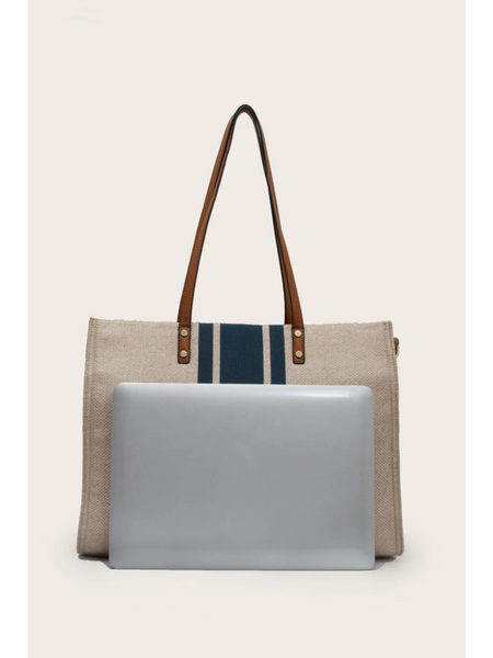 Cruise Wear Striped Tote Bag with navy blue stripes and brown leather handles