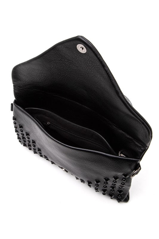 Artini Accessories black cruise wear studded handbag open showing interior compartments
