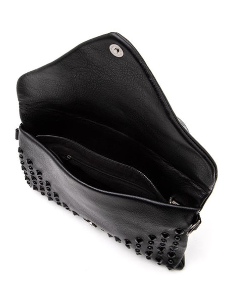 Artini Accessories black cruise wear studded handbag open showing interior compartments