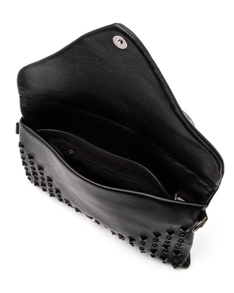 Artini Accessories black cruise wear studded handbag open showing interior compartments