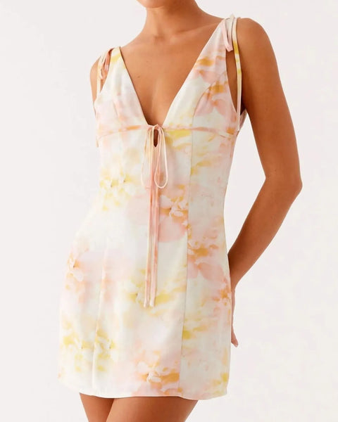 Babe Beachwear mini dress with pastel floral print and tie front detail, perfect cute beach dresses for petites
