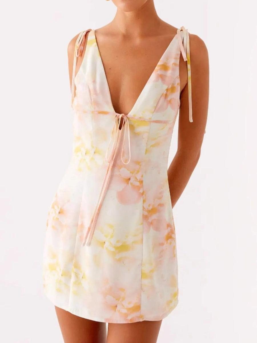 Babe Beachwear mini dress with floral print and tie straps, perfect cute beach dresses for petites