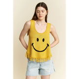 Trendsi sleeveless top featuring a yellow cute emoji knit tank for beach with fringe hem