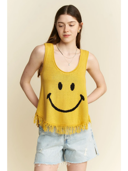 Trendsi sleeveless top featuring a yellow cute emoji knit tank for beach with fringe hem