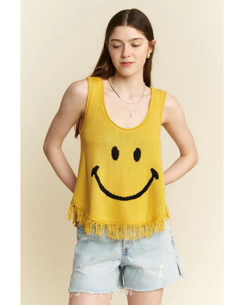 Trendsi sleeveless top featuring a yellow cute emoji knit tank for beach with fringe hem