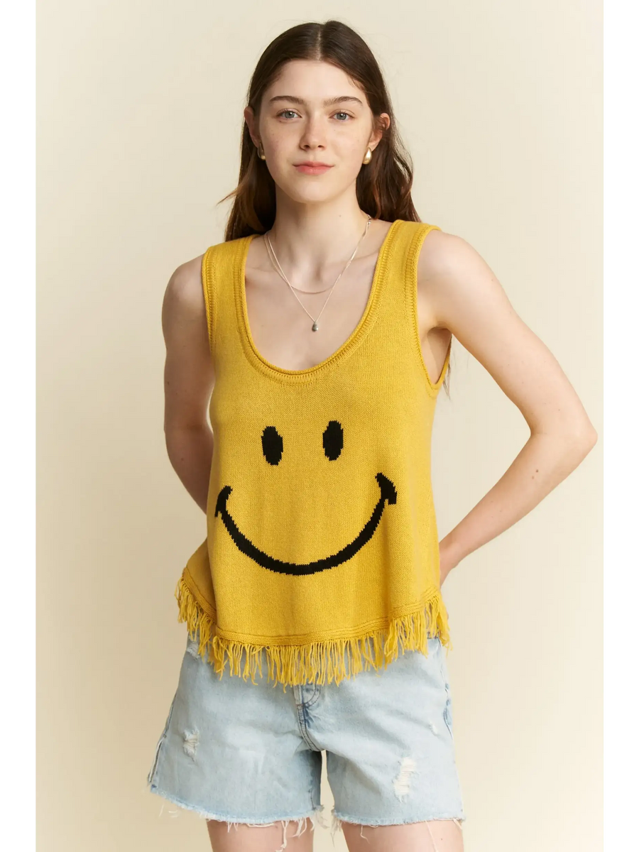 Trendsi cute emoji knit tank for beach in yellow with smiley face and fringe hem sleeveless top