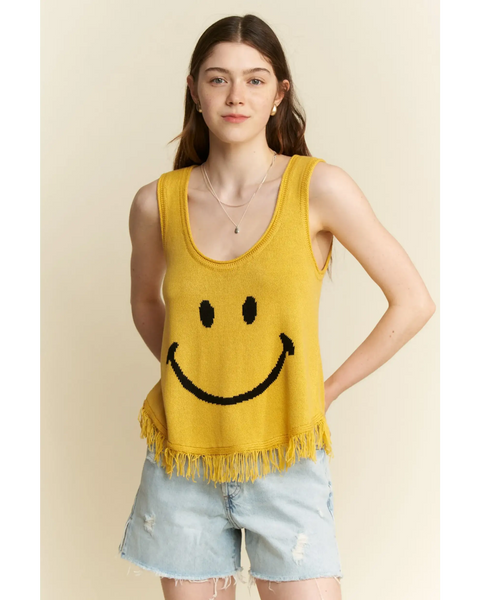 Trendsi cute emoji knit tank for beach in yellow with smiley face and fringe hem sleeveless top